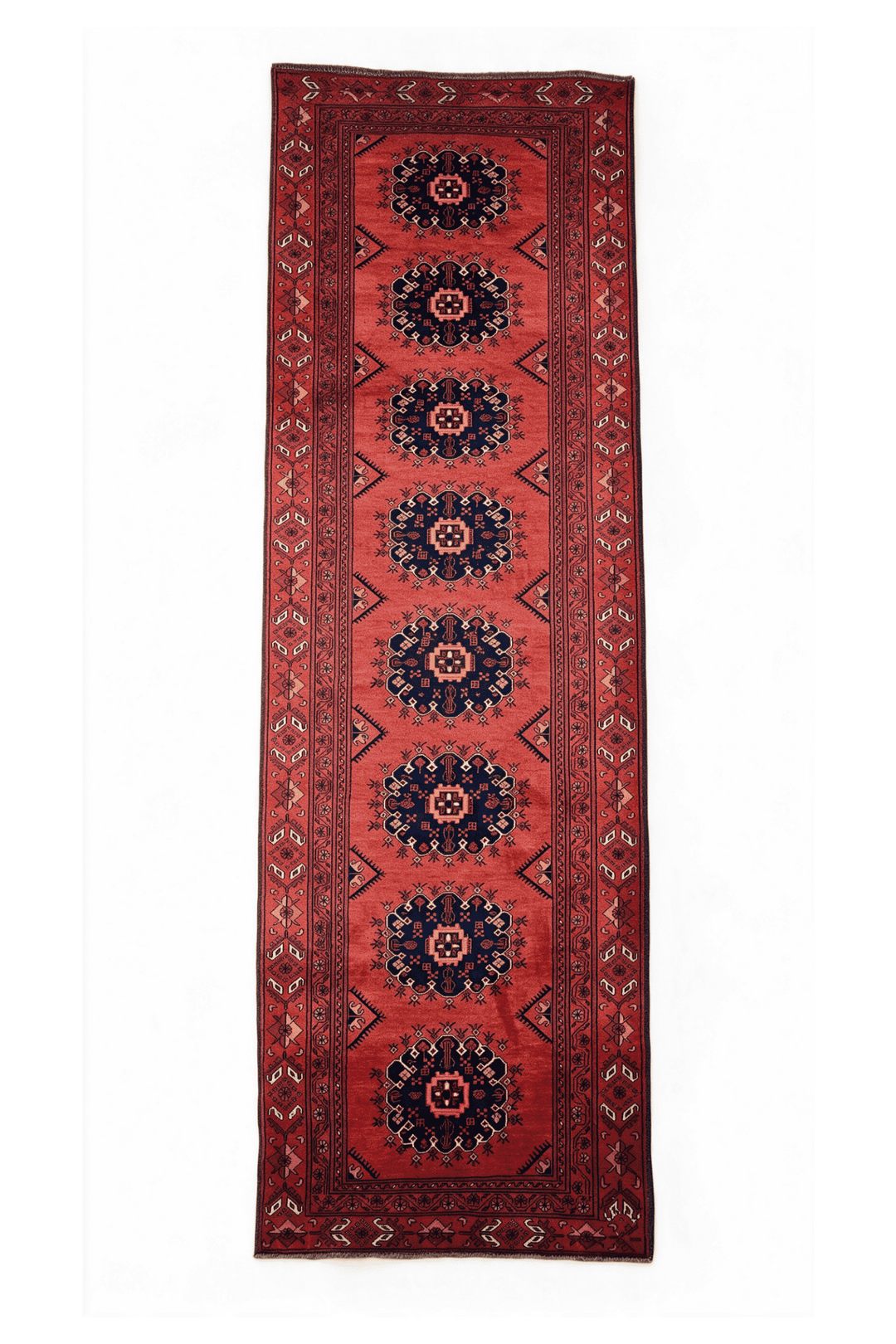 Red and navy Khal Mohammadi runner, 82×291cm, hand-knotted