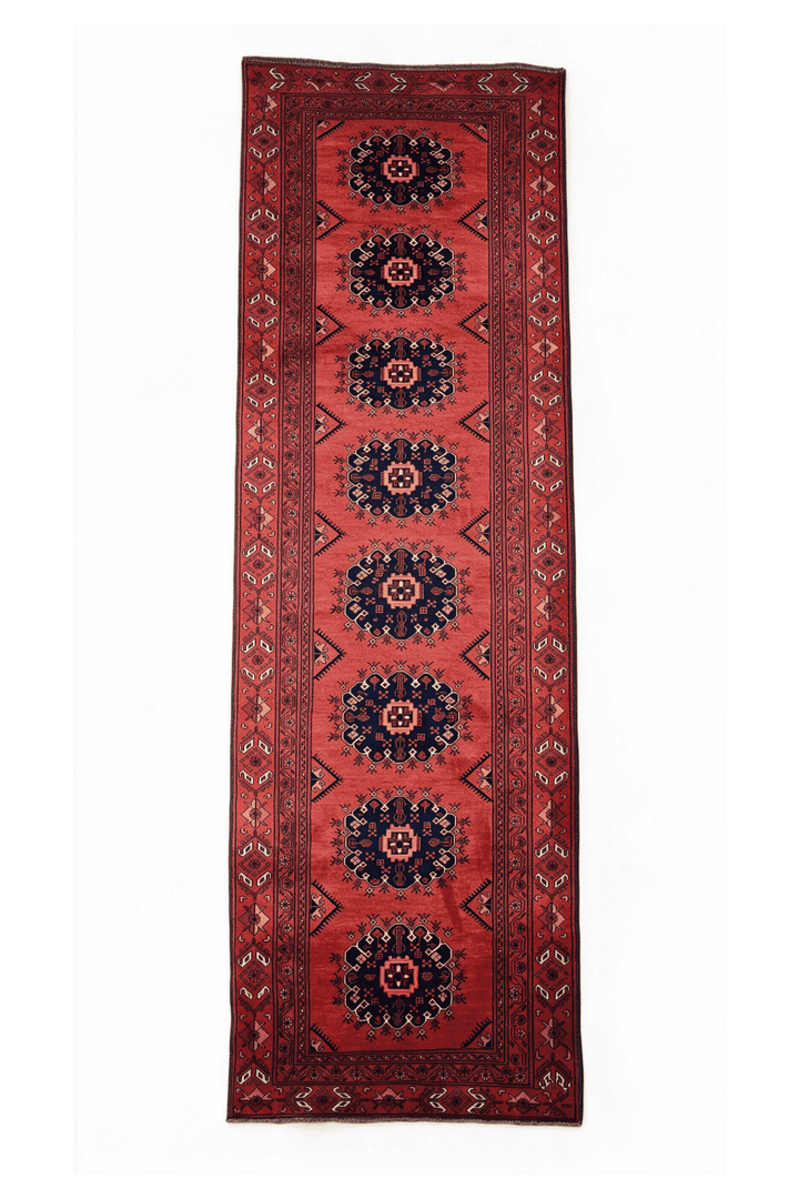 Red and navy Khal Mohammadi runner, 82×291cm, hand-knotted