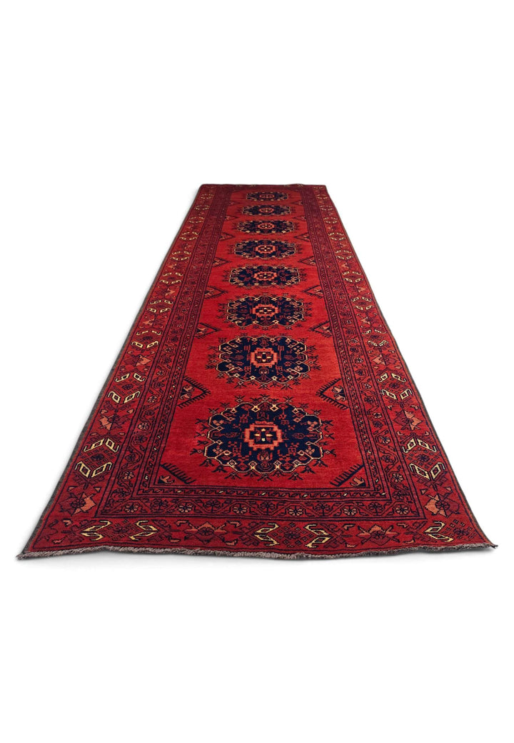 Hand-knotted wool pile of red navy runner, 82×291cm
