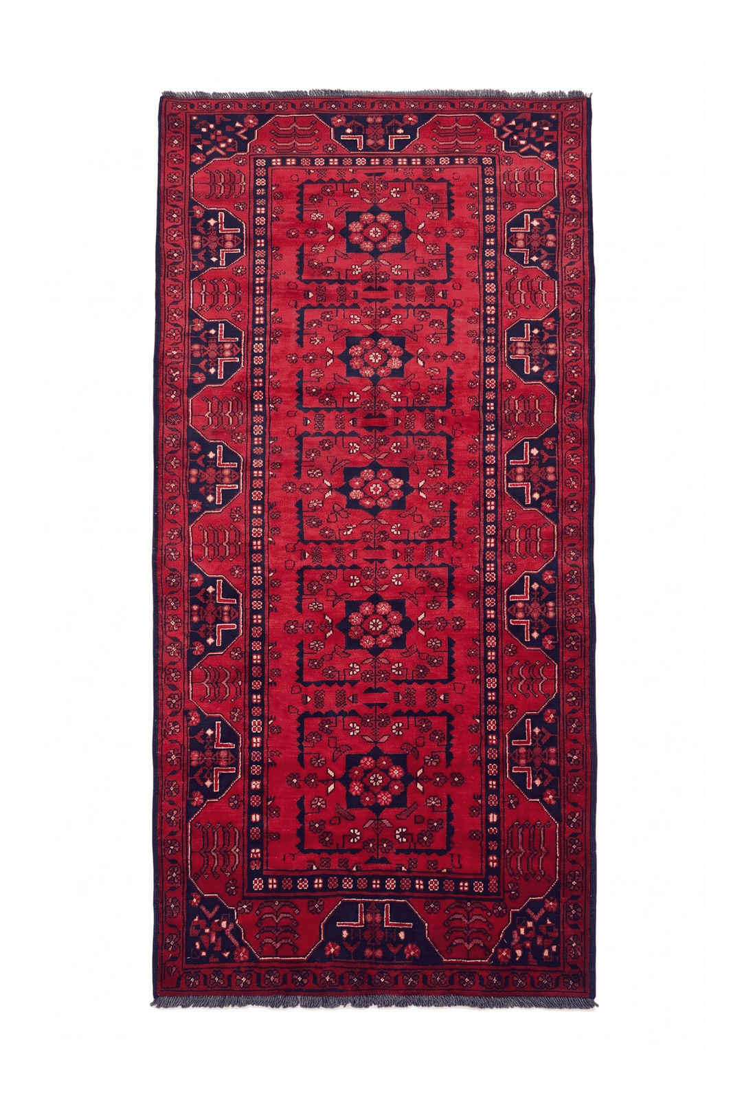 Red and navy Khal Mohammadi rug, 83×184cm, entrance mat size