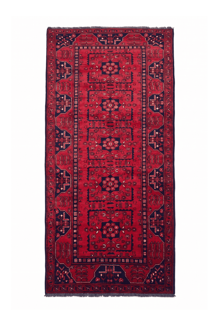Red and navy Khal Mohammadi rug, 83×184cm, entrance mat size