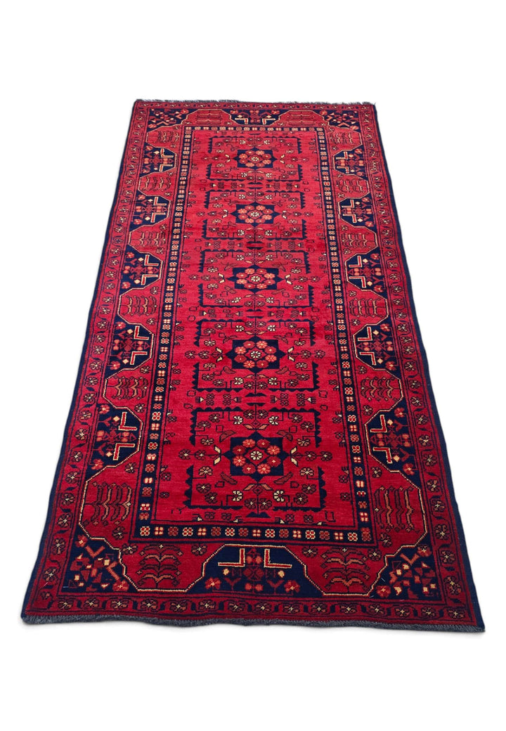 Hand-knotted wool pile of red navy rug, 83×184cm