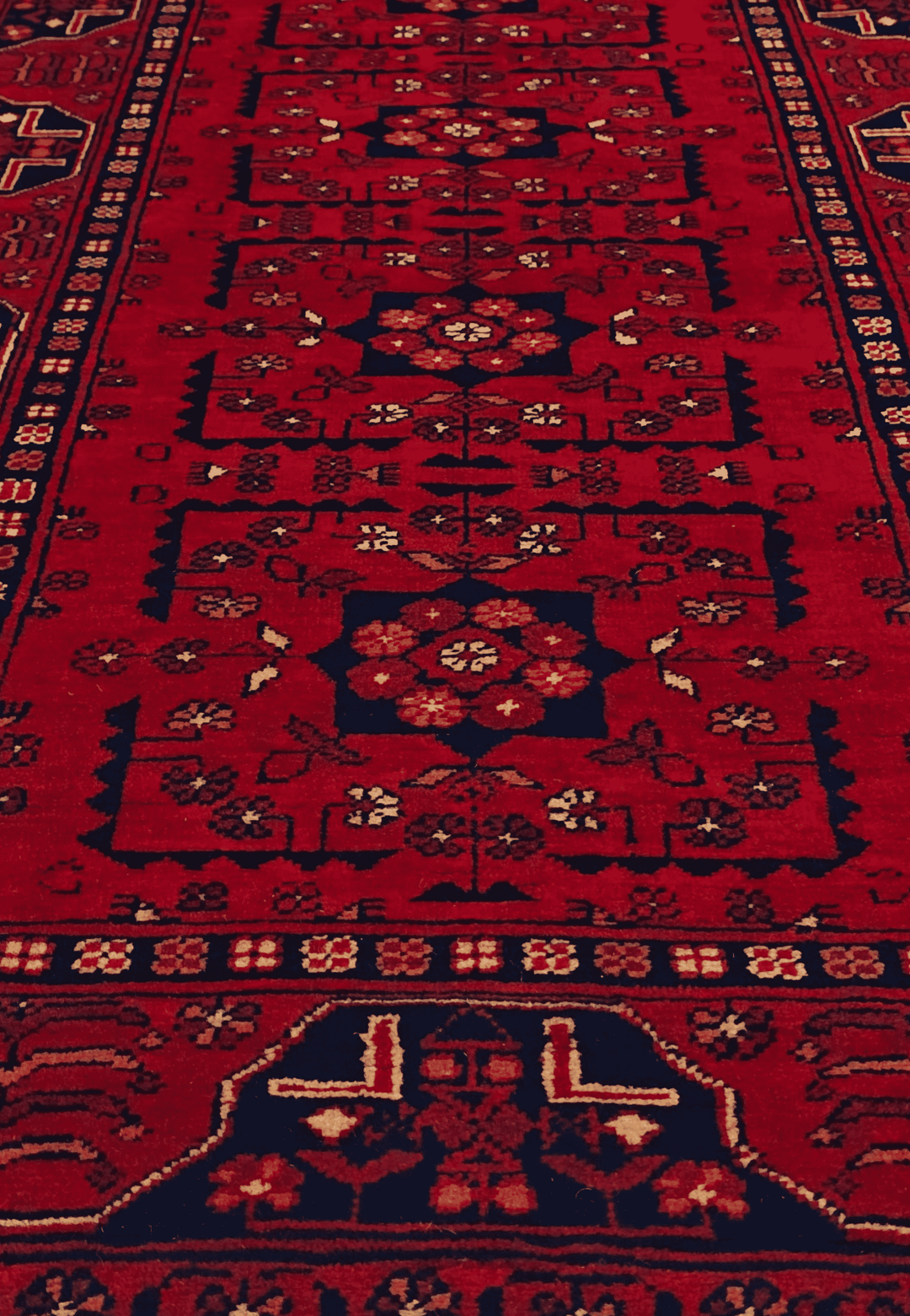 One-of-a-kind red and navy Khal Mohammadi rug, 83×184cm