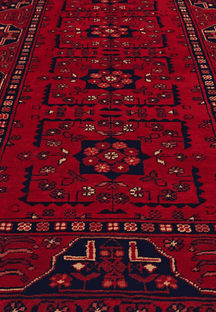 One-of-a-kind red and navy Khal Mohammadi rug, 83×184cm