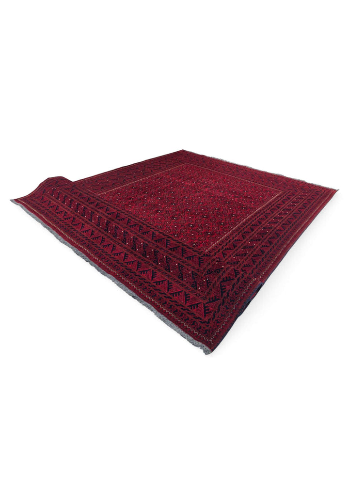 Hand-knotted wine red Ersari rug with Mina Khani lattice
