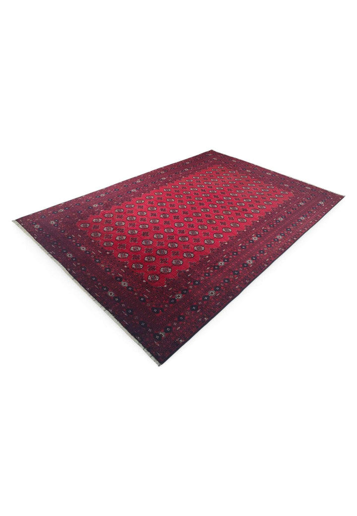 Hand-knotted wool pile of wine red Sherwan rug, 200×288cm