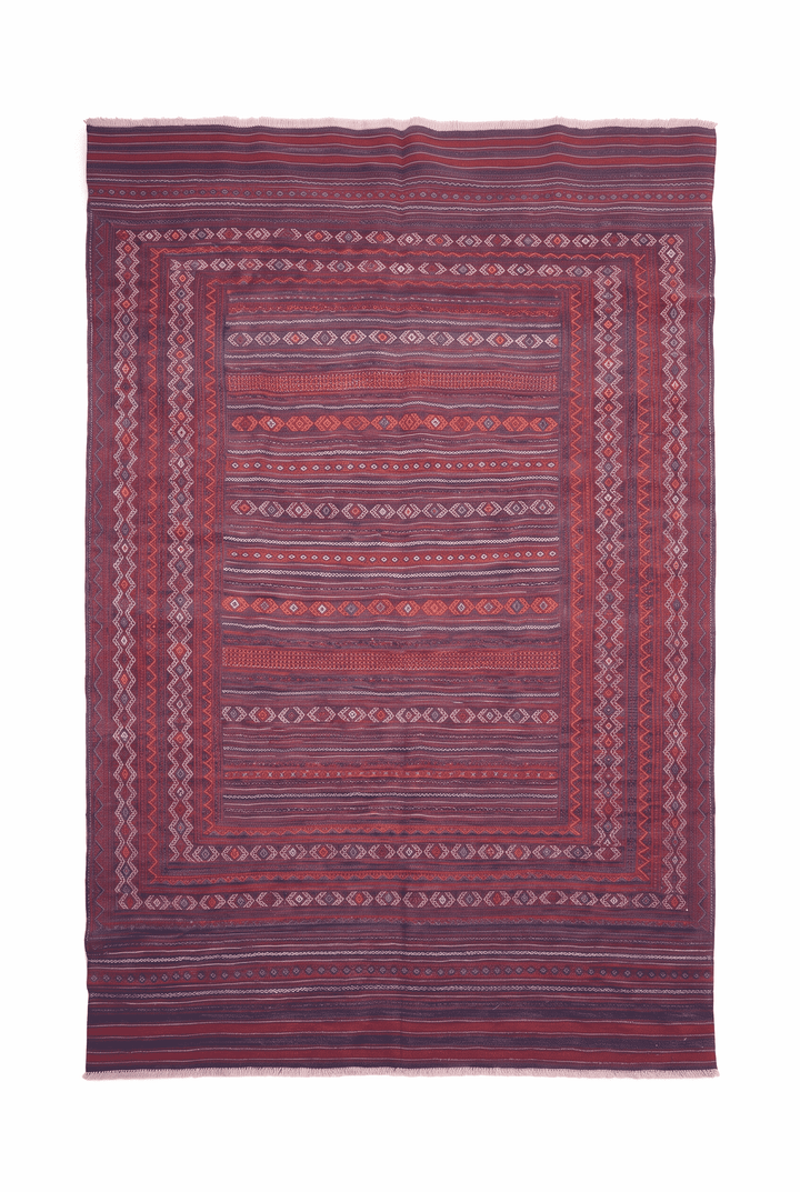 Rose red and plum kilim, 178×290cm, hand-woven wool