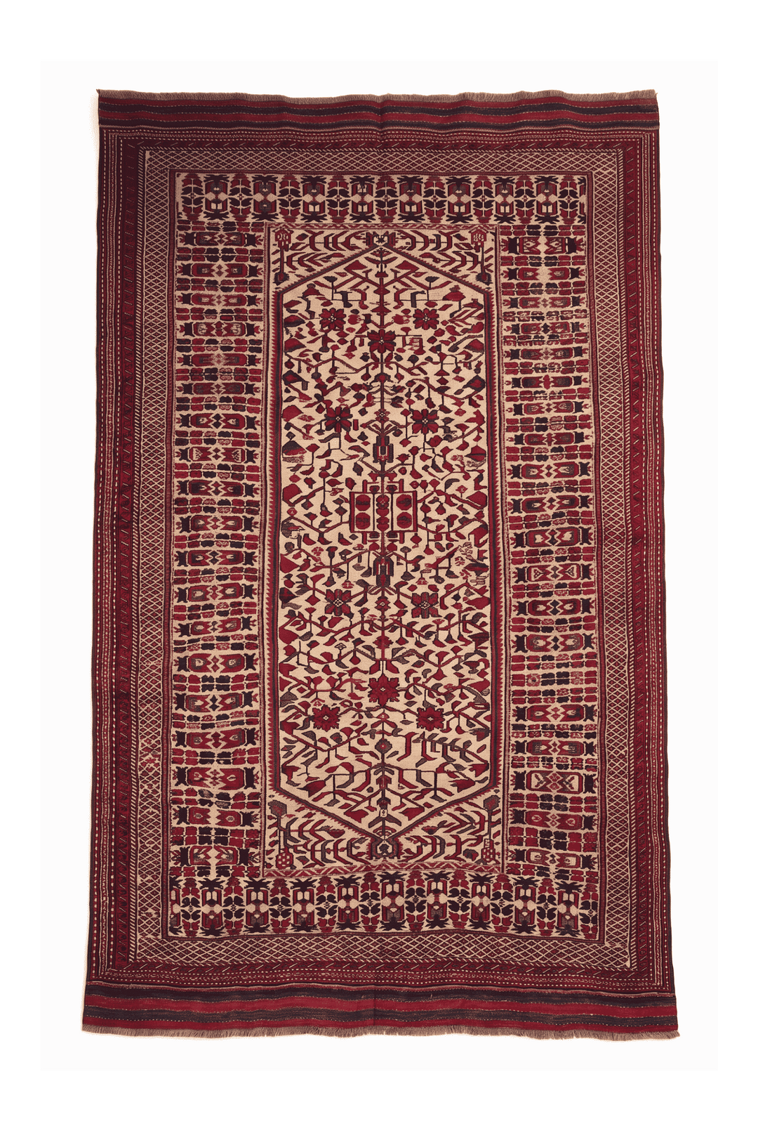 Cream and red hooked medallion kilim, 188×258cm, hand-woven wool