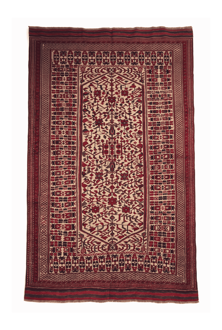 Cream and red hooked medallion kilim, 188×258cm, hand-woven wool