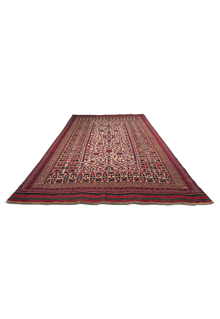 Flat weave texture of cream hooked medallion kilim, 188×258cm