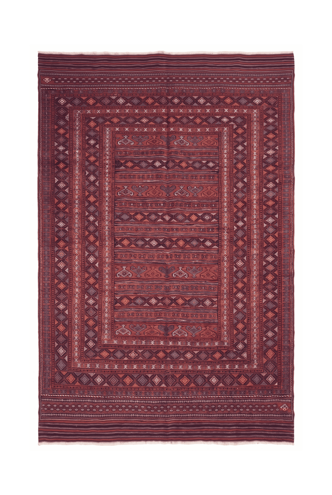 Rose red and orange banded kilim, 184×291cm, hand-woven wool