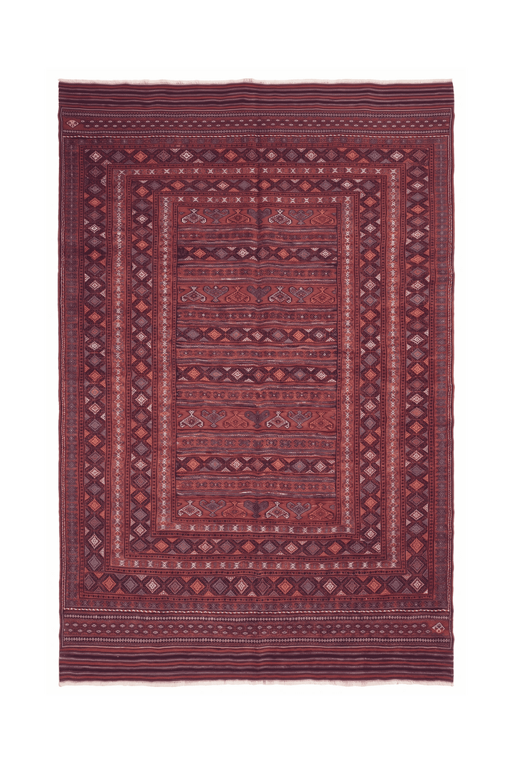Rose red and orange banded kilim, 184×291cm, hand-woven wool