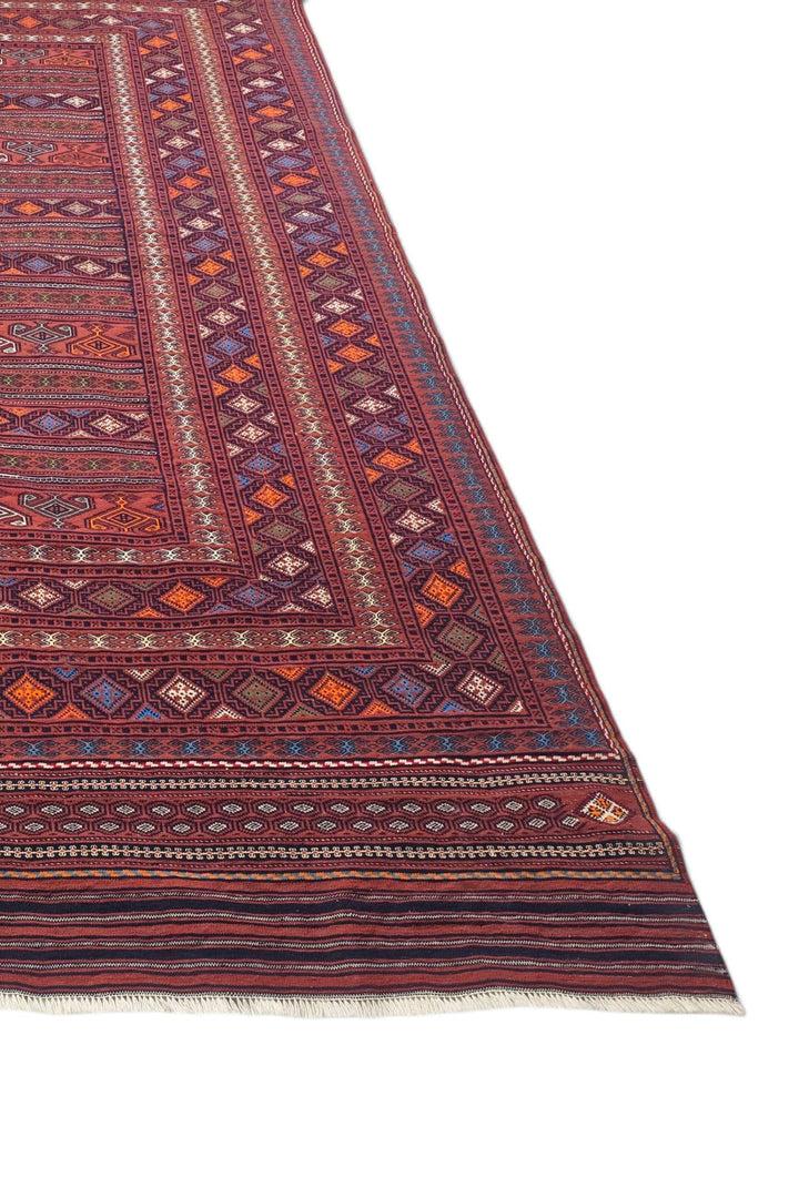 One-of-a-kind rose red and orange banded Afghan kilim