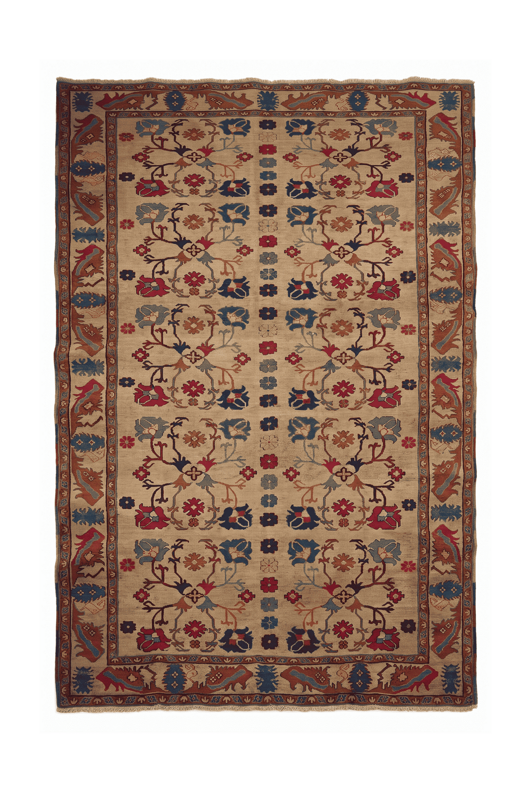 Camel gold and rust palmette kilim, 200×290cm, hand-woven wool