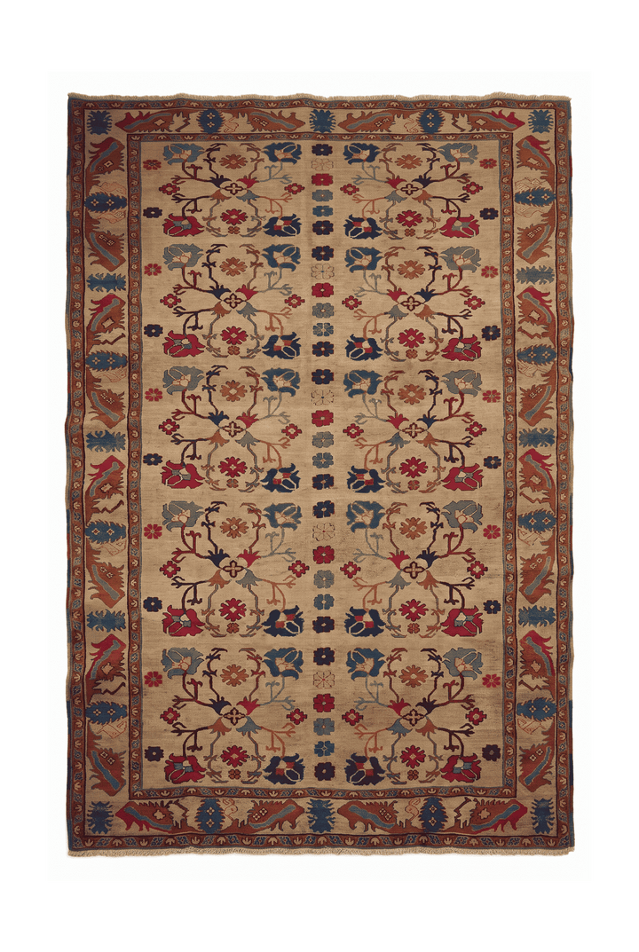 Camel gold and rust palmette kilim, 200×290cm, hand-woven wool