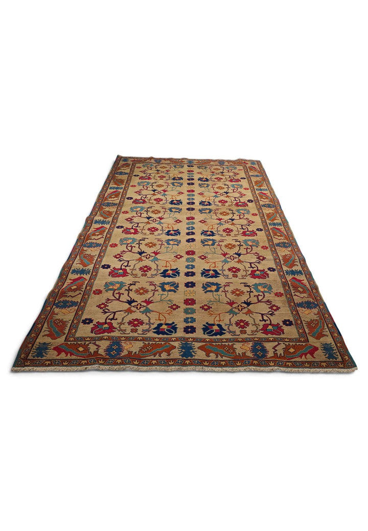Border detail of camel palmette hand-woven kilim