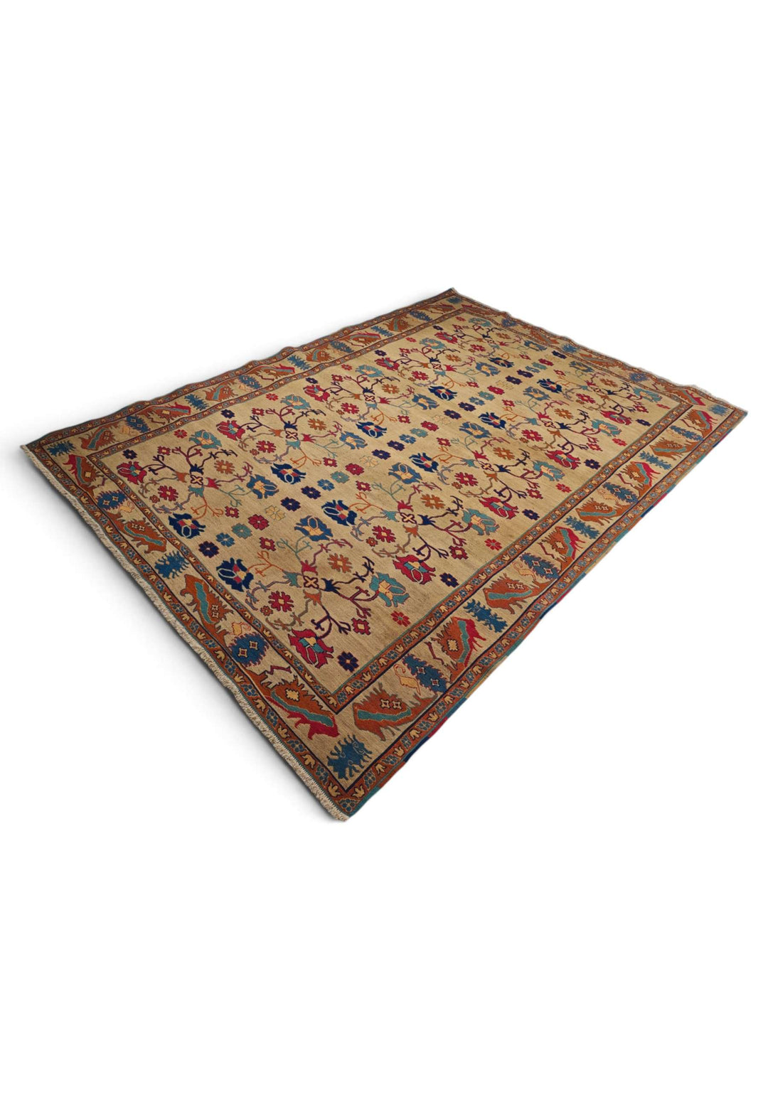 Camel and rust palmette kilim for a living room, 4.5 tatami