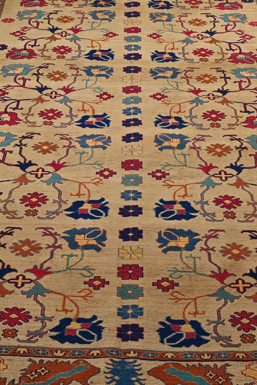 One-of-a-kind camel gold and rust palmette Afghan kilim