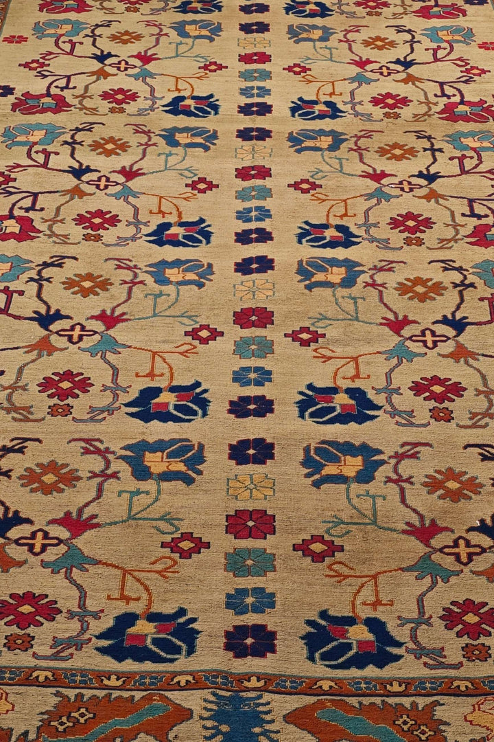 One-of-a-kind camel gold and rust palmette Afghan kilim