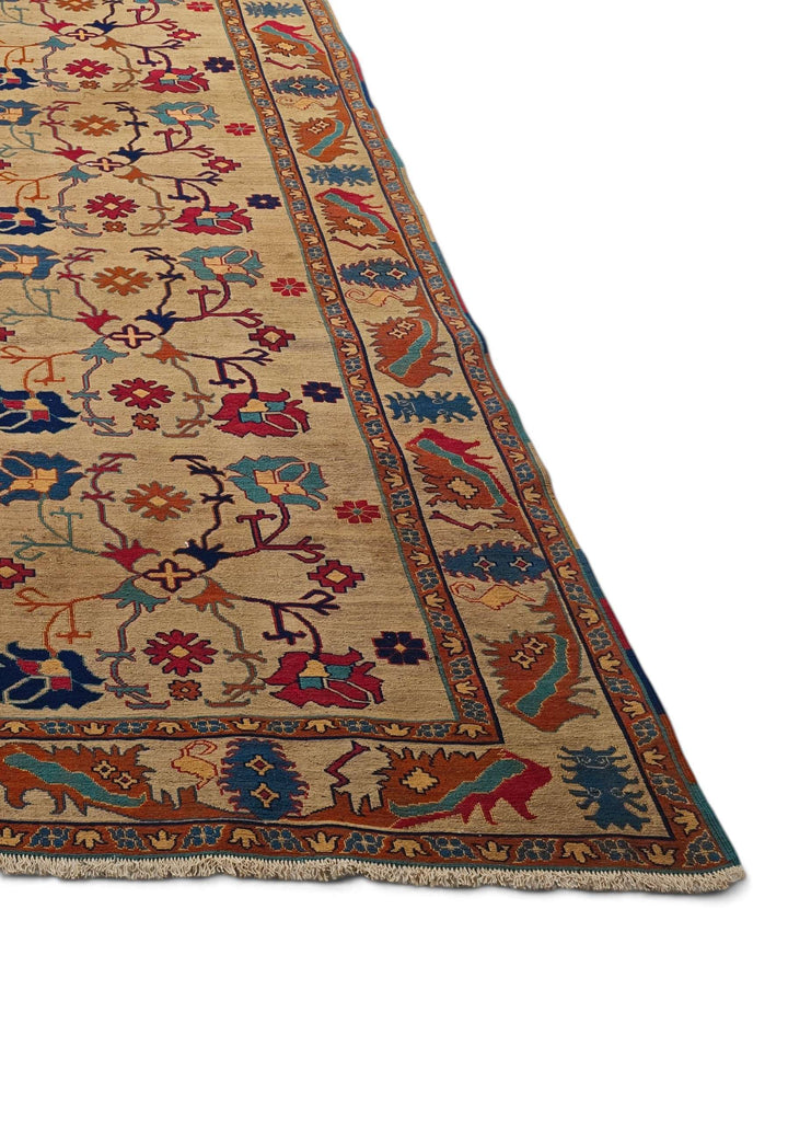 Reversible flat-weave camel palmette kilim, hand-woven