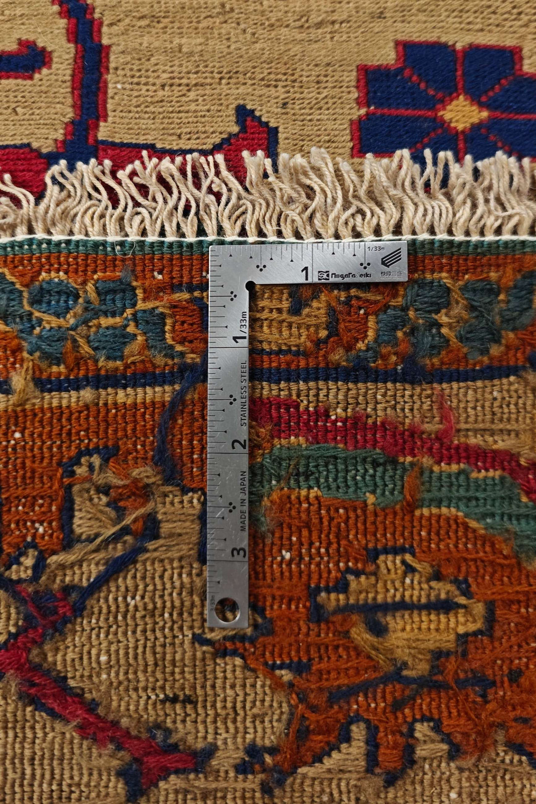 Corner of camel gold palmette hand-woven kilim