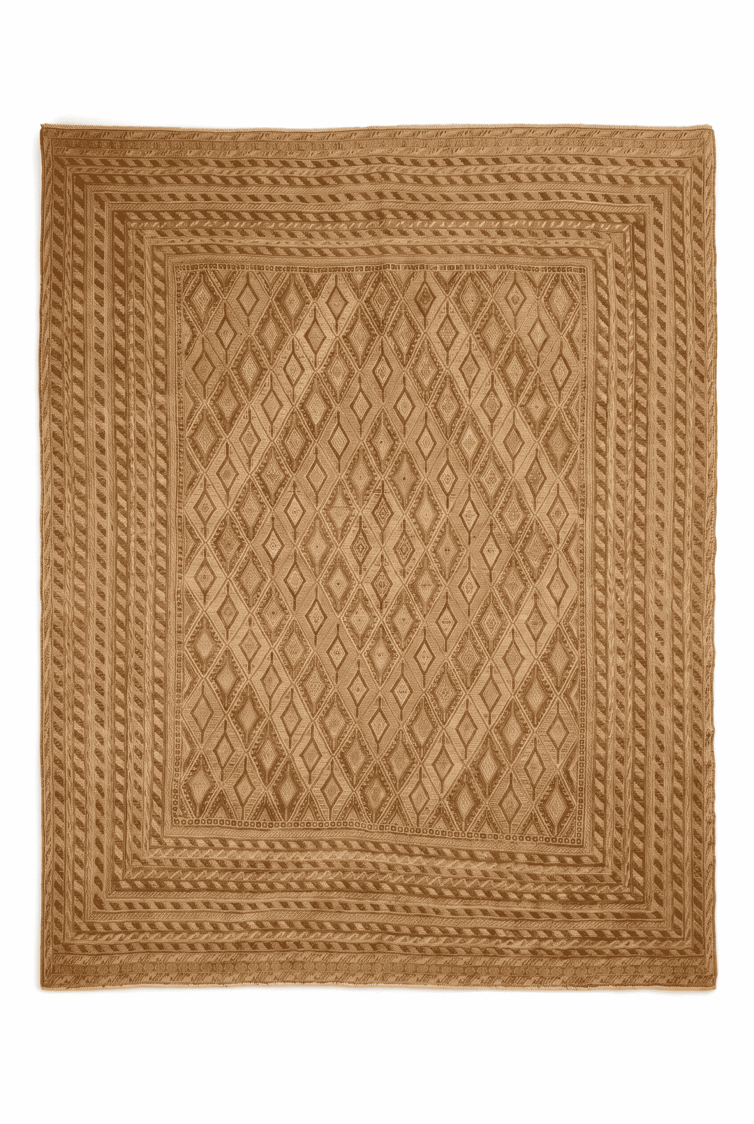 Gold and cream diamond lattice kilim, 202×231cm, hand-woven wool