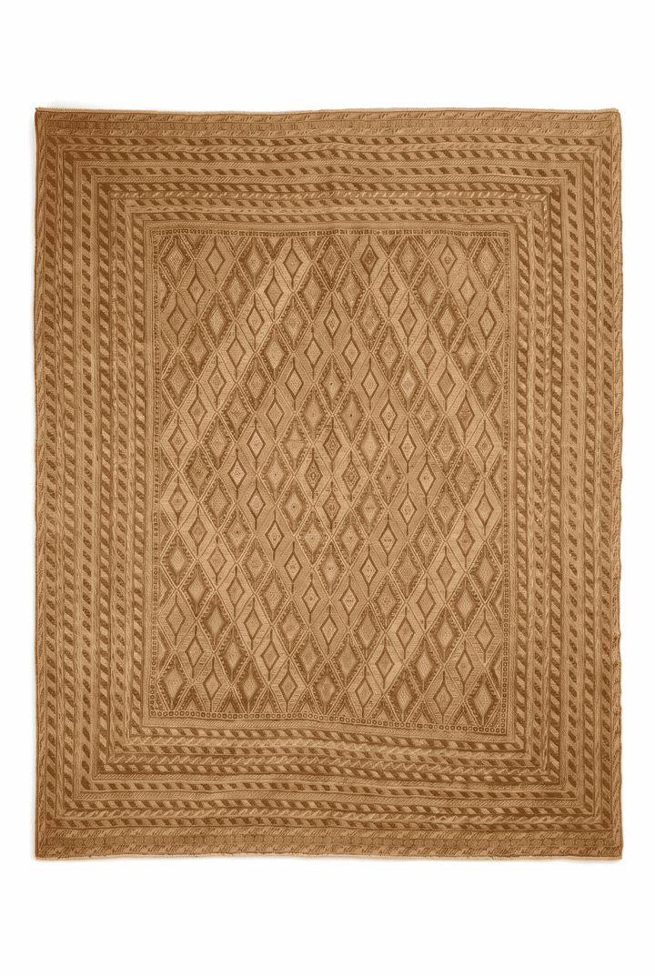 Gold and cream diamond lattice kilim, 202×231cm, hand-woven wool