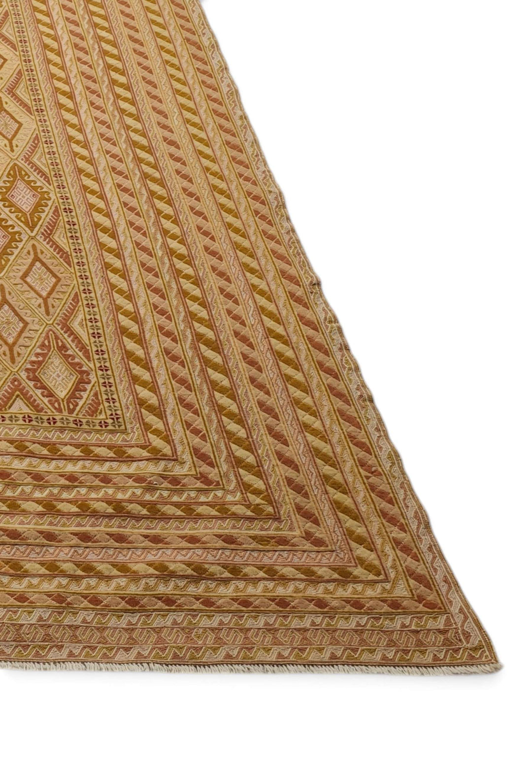 One-of-a-kind gold and cream lattice Afghan kilim