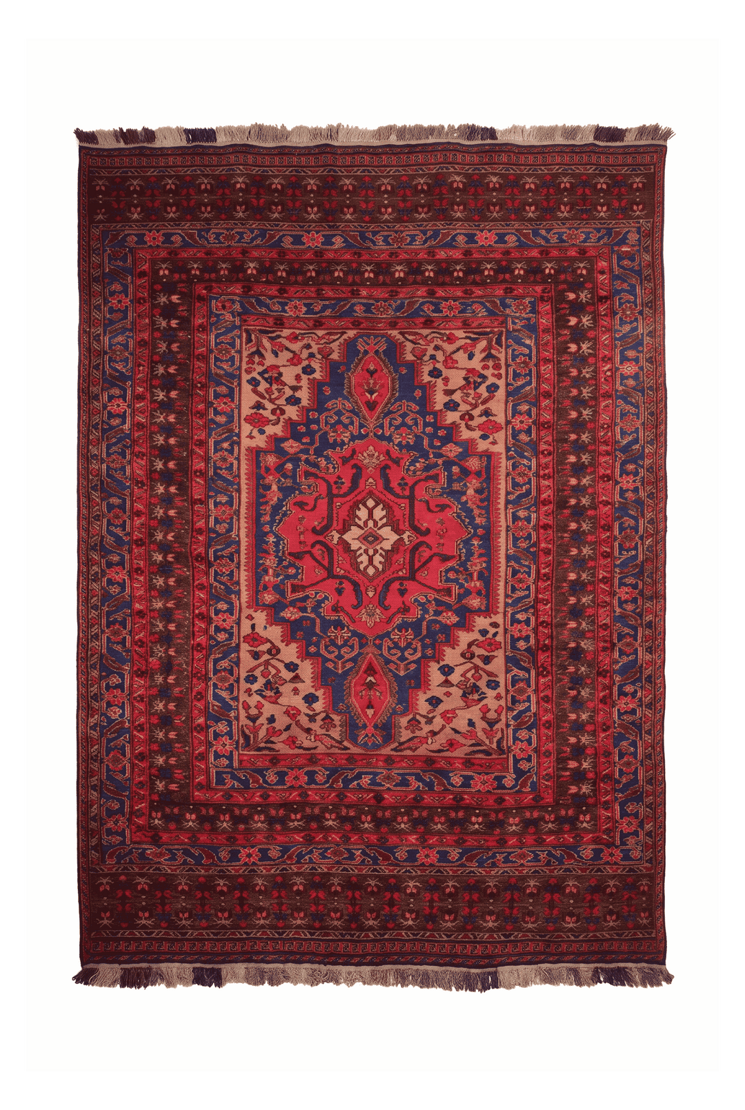 Scarlet and cobalt medallion kilim, 201×282cm, hand-woven wool