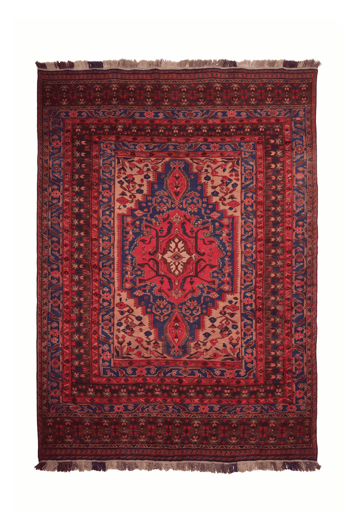 Scarlet and cobalt medallion kilim, 201×282cm, hand-woven wool