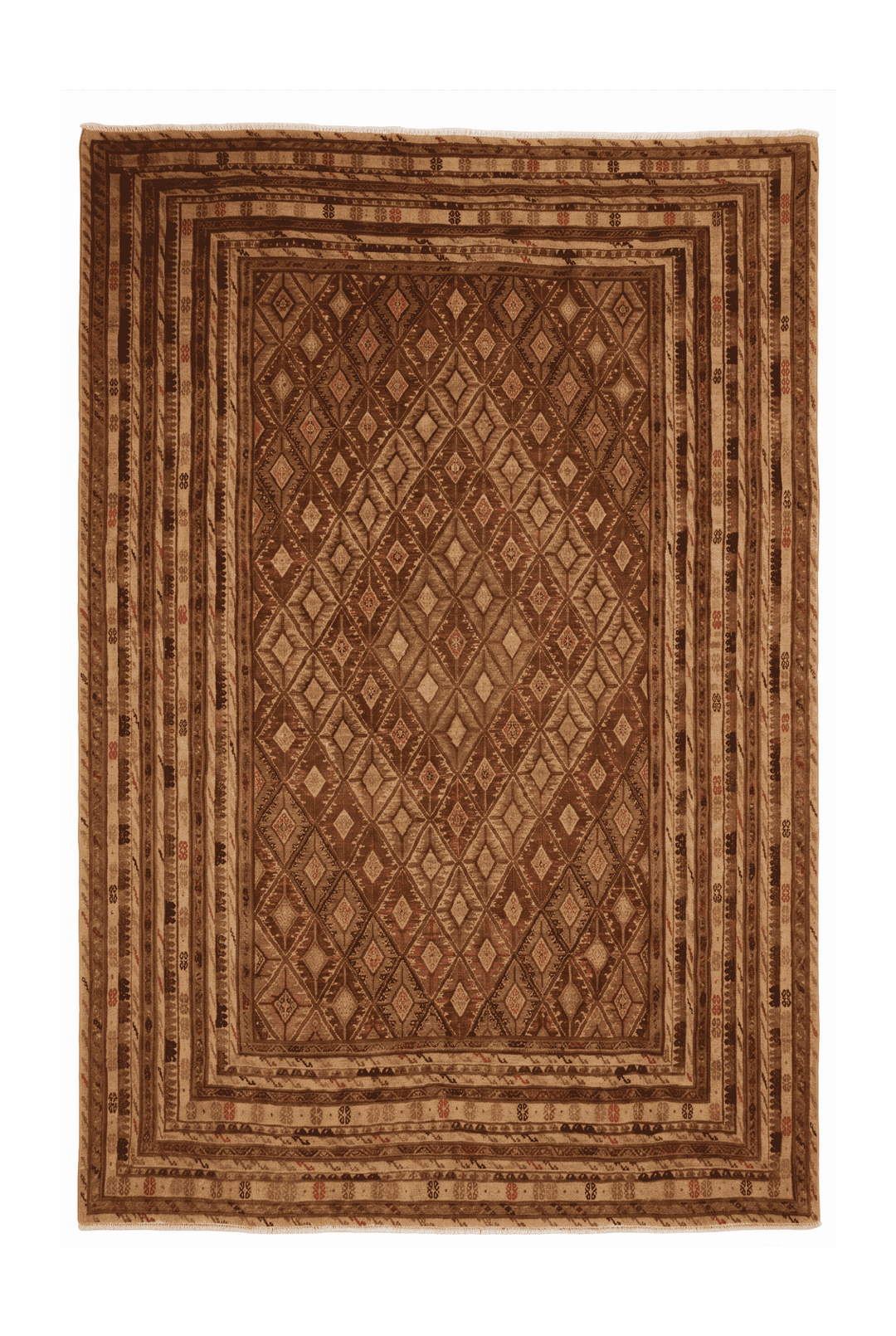Camel and brown diamond lattice kilim, 182×229cm, hand-woven wool