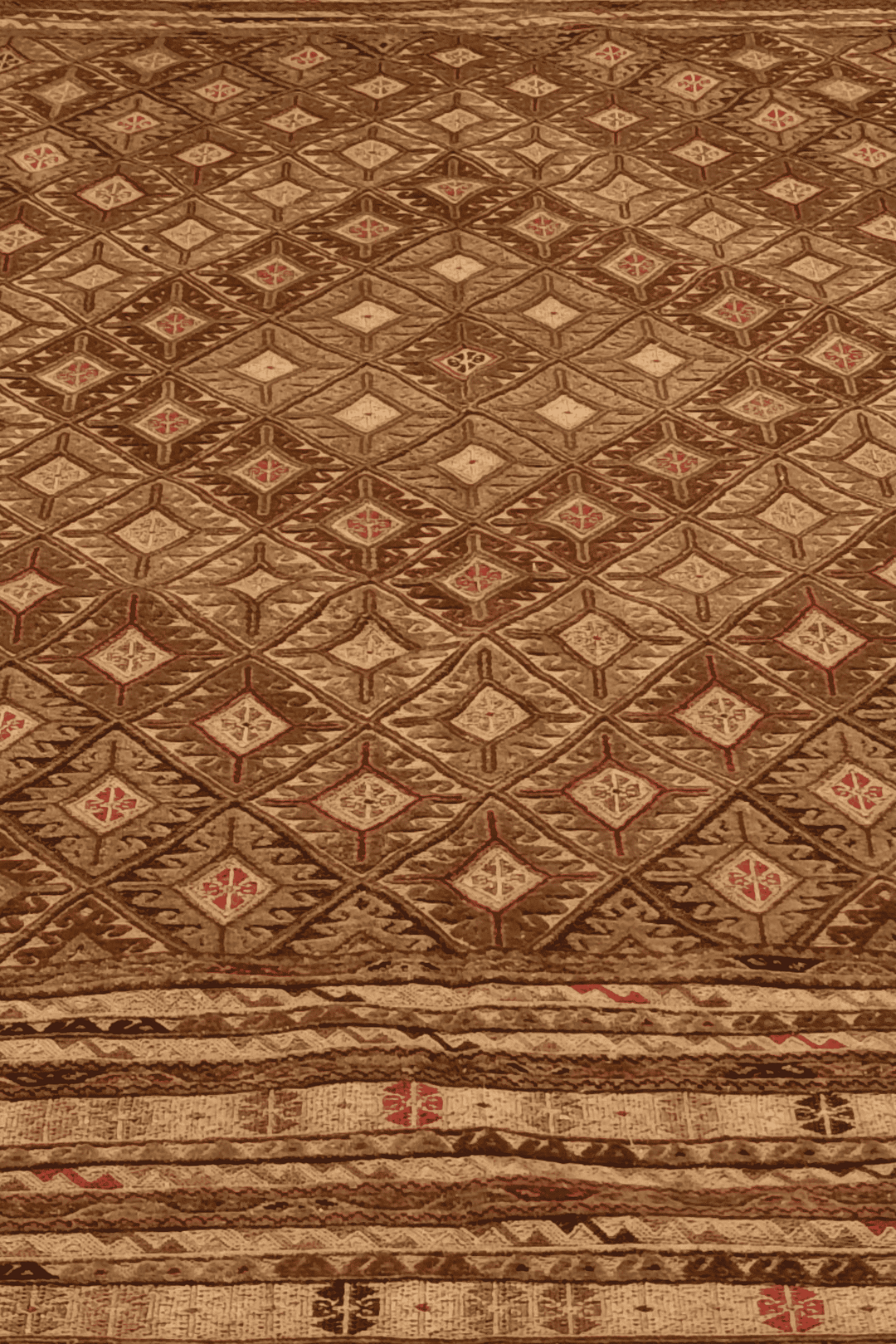 One-of-a-kind camel and brown lattice Afghan kilim
