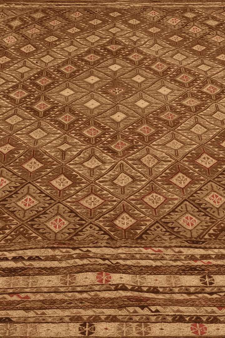 One-of-a-kind camel and brown lattice Afghan kilim