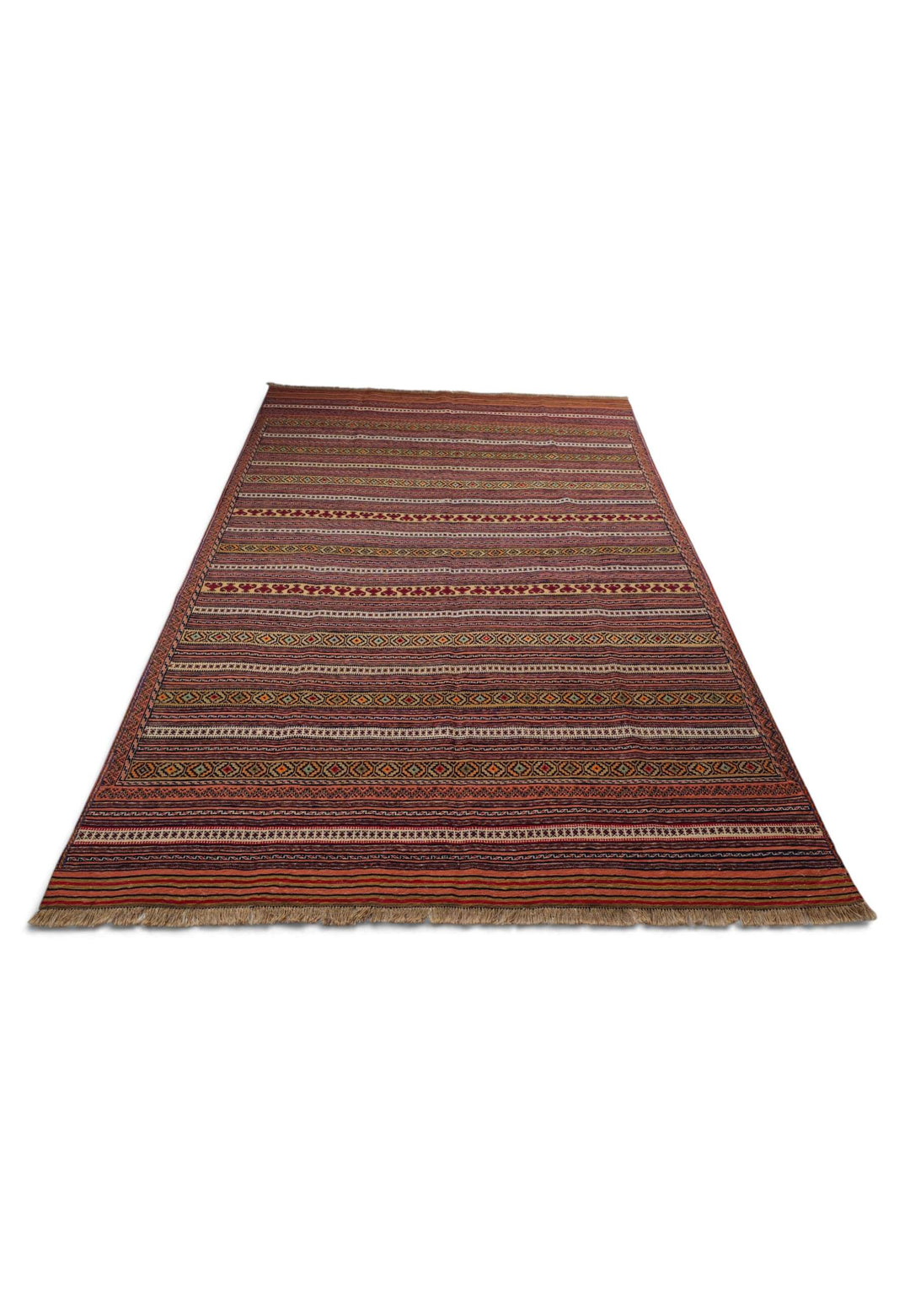Border detail of rust Maliki hand-woven kilim