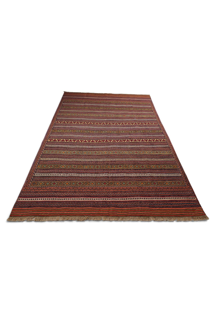Border detail of rust Maliki hand-woven kilim