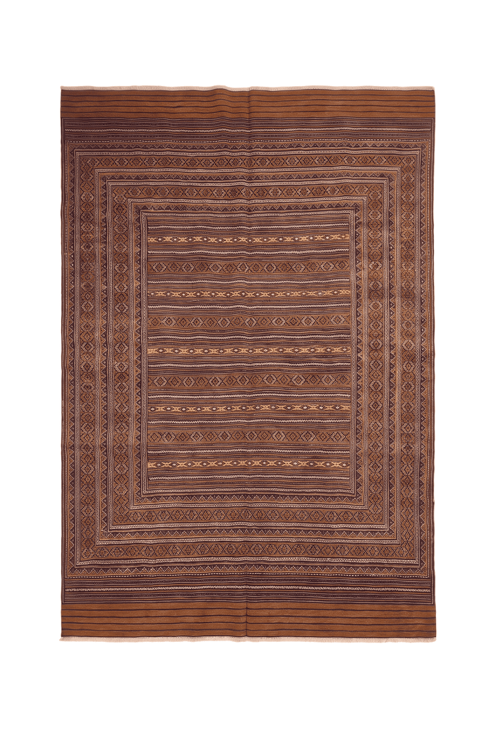 Caramel and gold banded kilim, 190×267cm, hand-woven wool