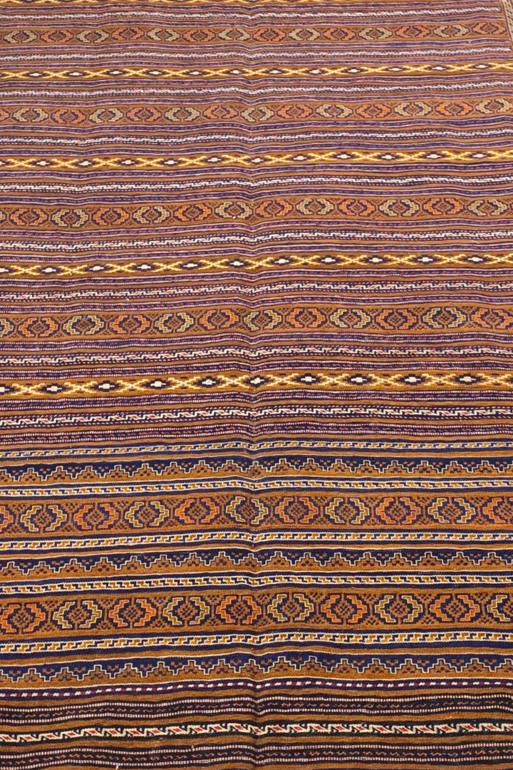 One-of-a-kind caramel and gold banded Afghan kilim