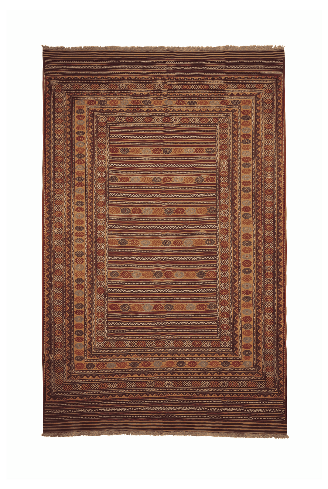 Saffron gold and plum banded kilim, 193×281cm, hand-woven wool
