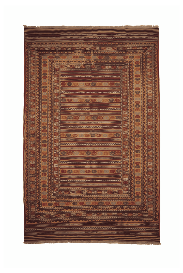 Saffron gold and plum banded kilim, 193×281cm, hand-woven wool