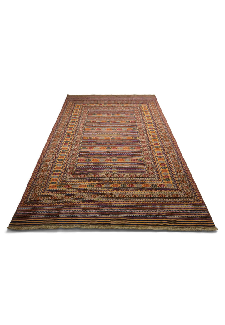 Border detail of saffron plum hand-woven kilim