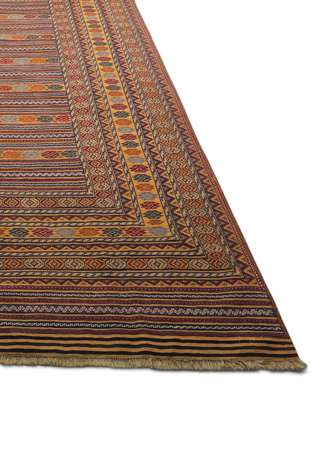 One-of-a-kind saffron gold and plum Afghan kilim
