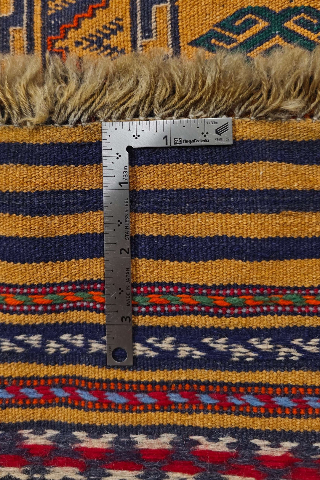 Reversible flat-weave saffron plum kilim, hand-woven