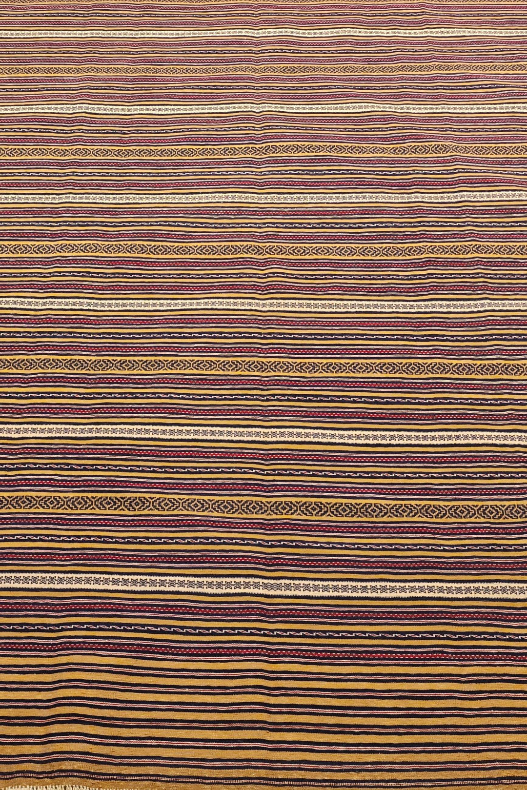 One-of-a-kind gold and plum striped Afghan kilim