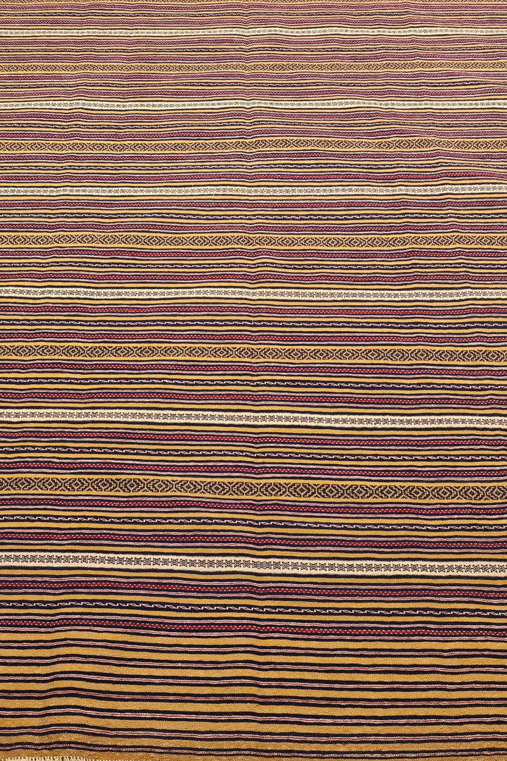 One-of-a-kind gold and plum striped Afghan kilim
