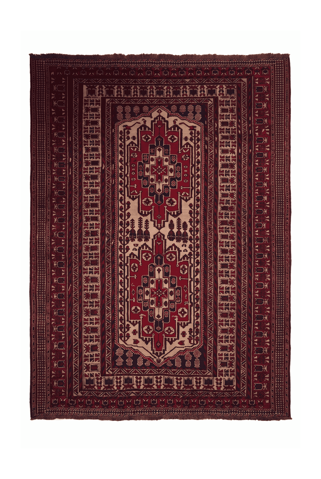 Deep red and camel stepped Turkmen medallion kilim, 200×244cm