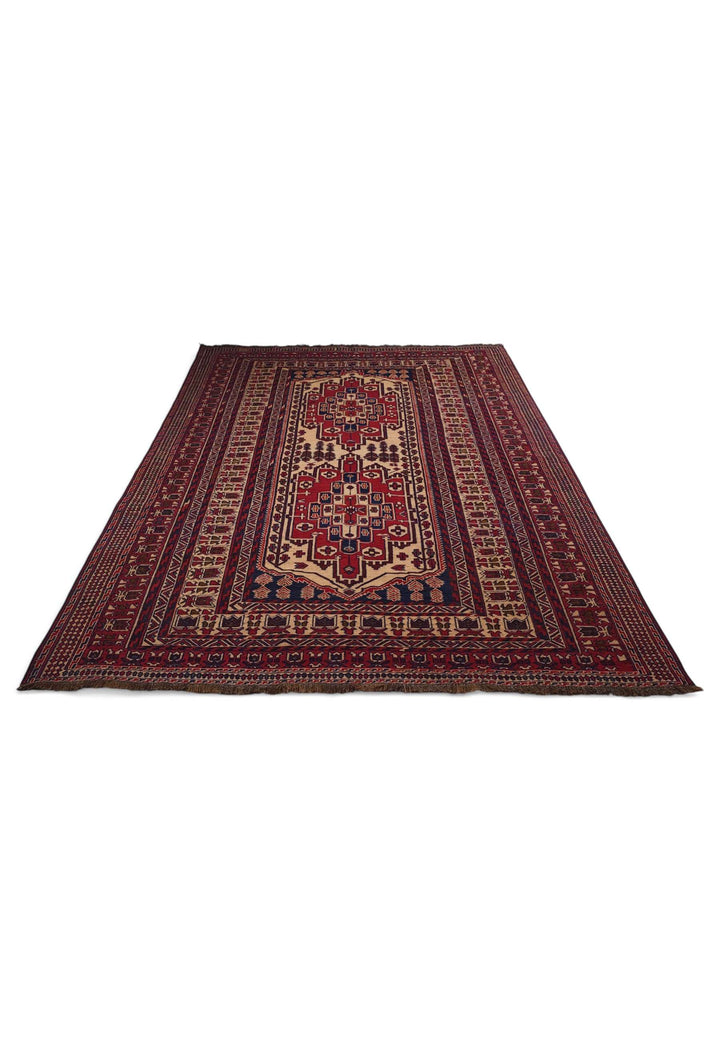 Border detail of deep red Turkmen hand-woven kilim