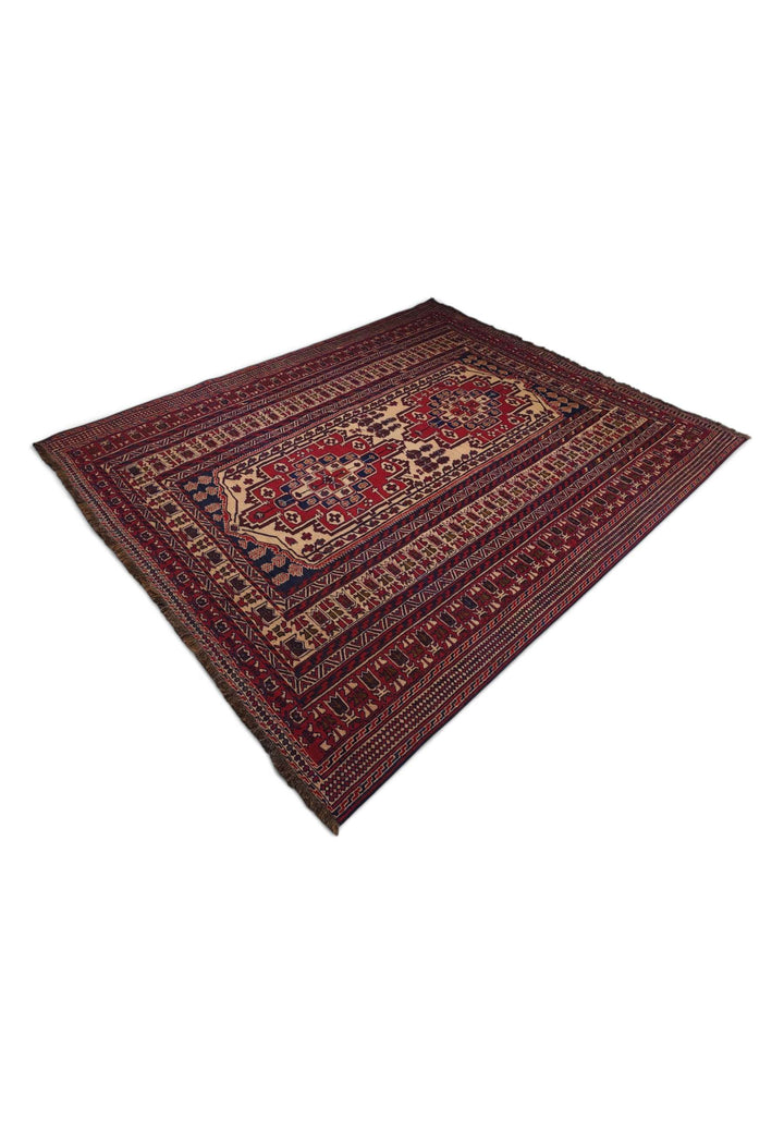 Deep red Turkmen kilim 200×244cm, Afghan craftsmanship