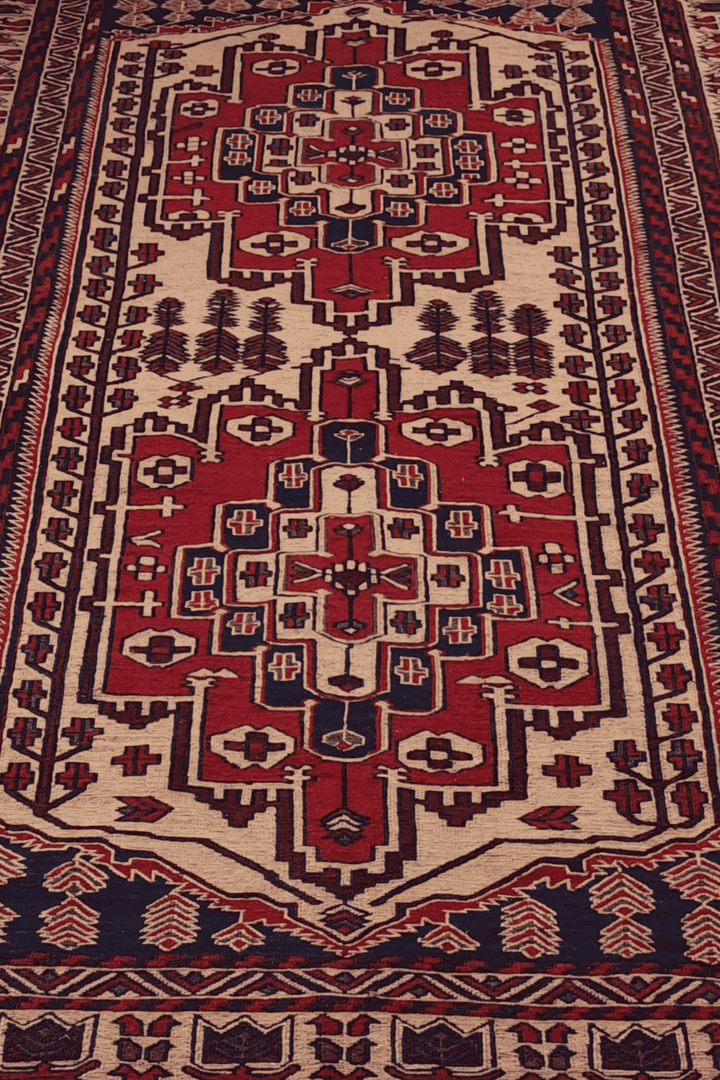 One-of-a-kind deep red stepped Turkmen medallion kilim