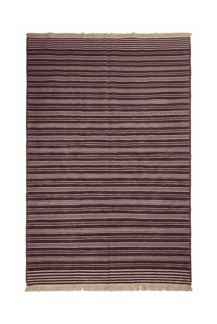 Aubergine and wheat striped kilim, 188×283cm, hand-woven wool