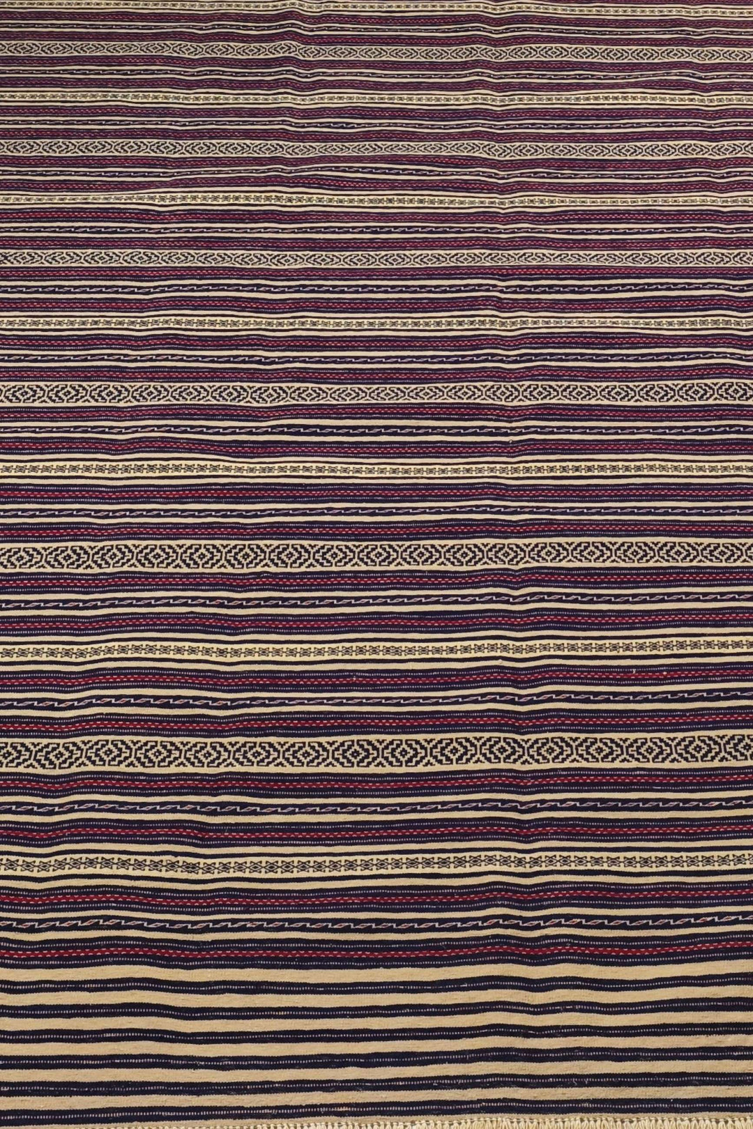 One-of-a-kind aubergine and wheat striped Afghan kilim